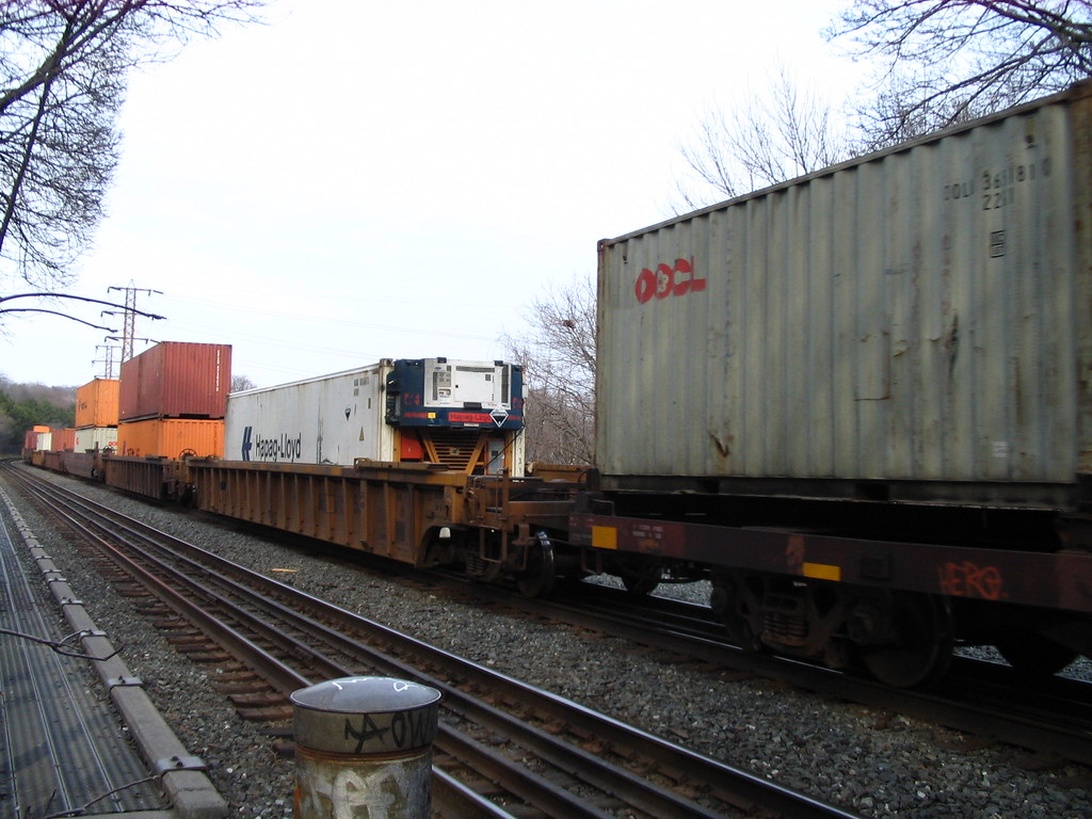 Ein Güterzug mit unterschiedlichen Waggons, darunter Container und Kühlwagen, auf einem Gleis.