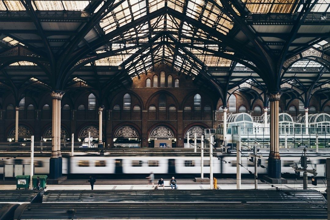 Historische Bahnhofshalle mit Stahltragwerk und vorbeifahrendem Zug